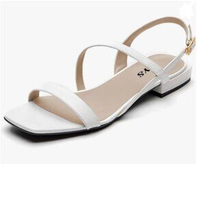 FYS White Square Open Toe Sandals Low Heel Strappy Slingbacks Comfy Summer Shoe